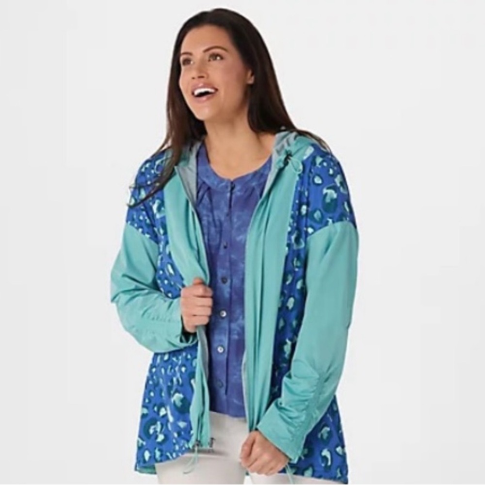 LOGO NWOT Blue Teal Leopard Animal Print Hooded Windbreakers Oversized Jacket XS